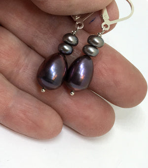 Teardrop Peacock Pearl Dangle Leverback Earrings in Sterling Silver