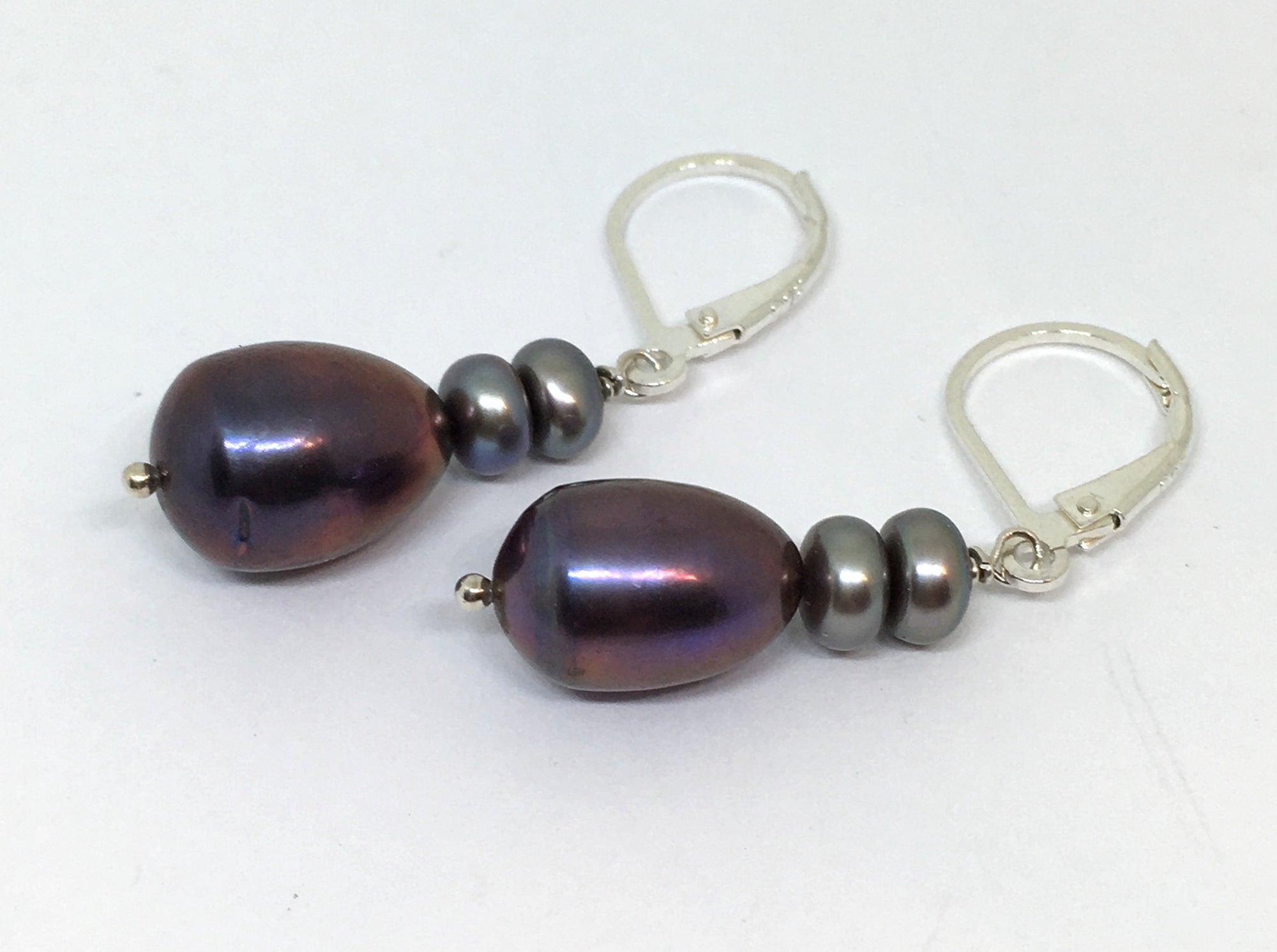 Teardrop Peacock Pearl Dangle Leverback Earrings in Sterling Silver