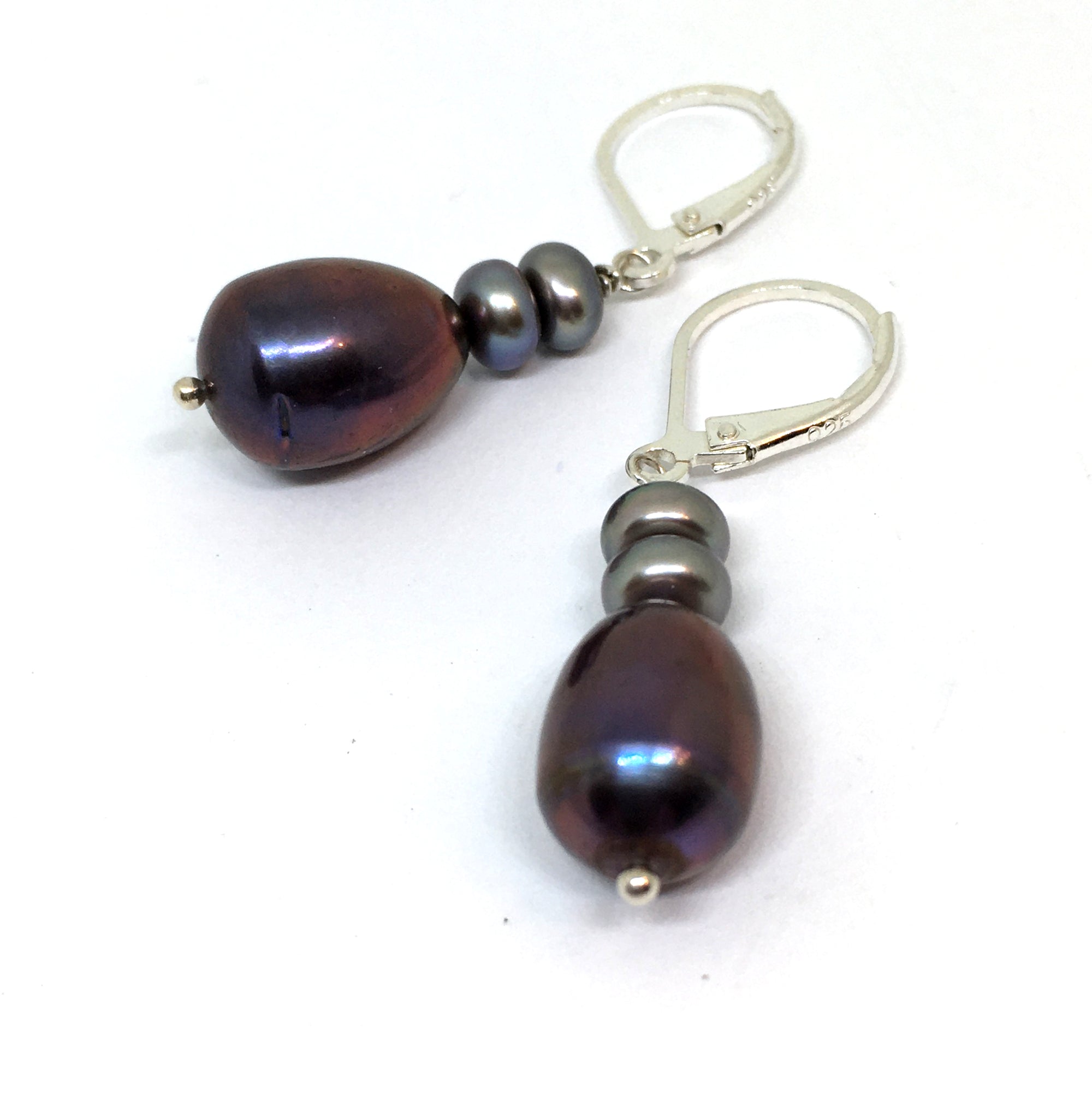 Teardrop Peacock Pearl Dangle Leverback Earrings in Sterling Silver