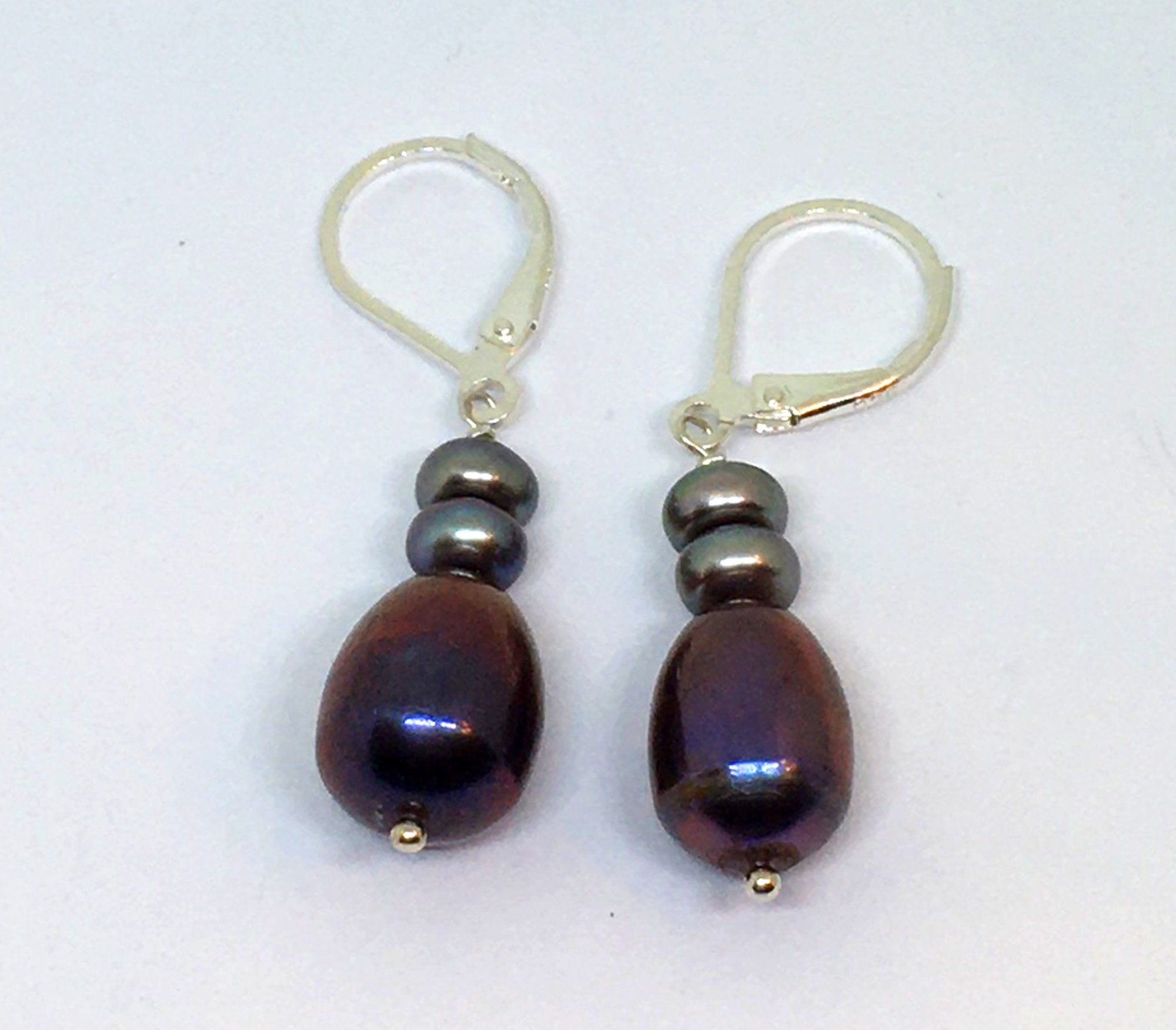 Freshwater Teardrop Peacock Pearl Earrings with Leverback Earwires