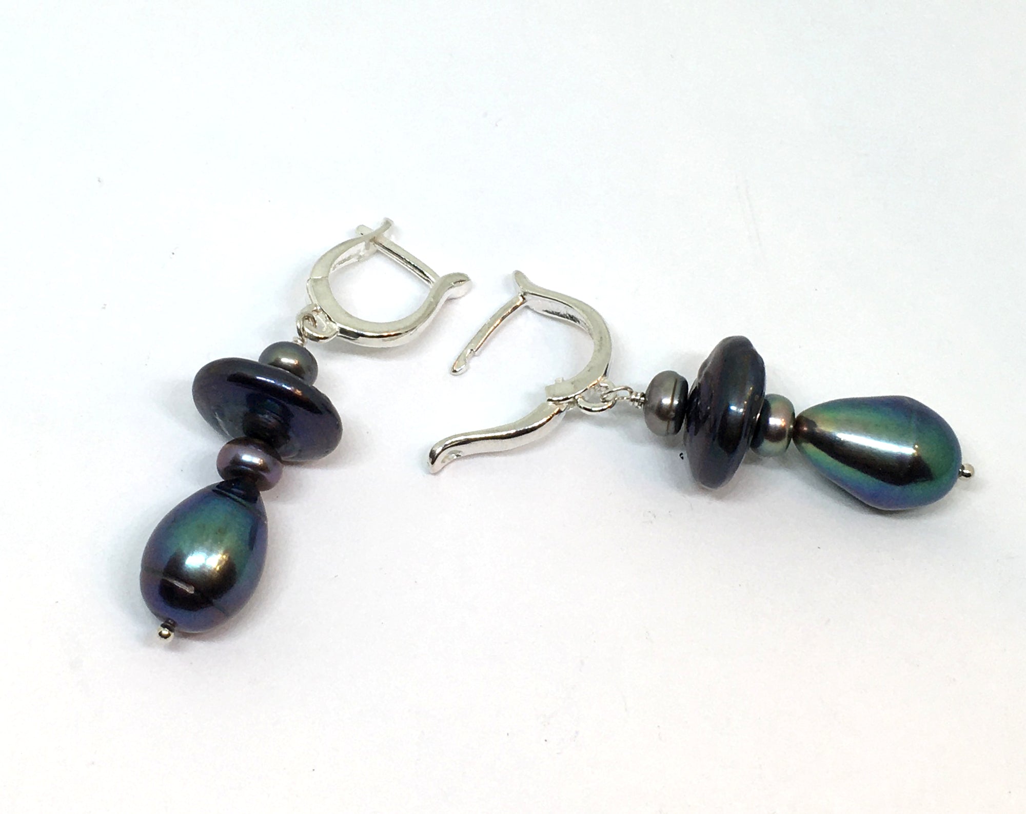 Peacock Pearl Dangle Omega Earrings in Sterling Silver