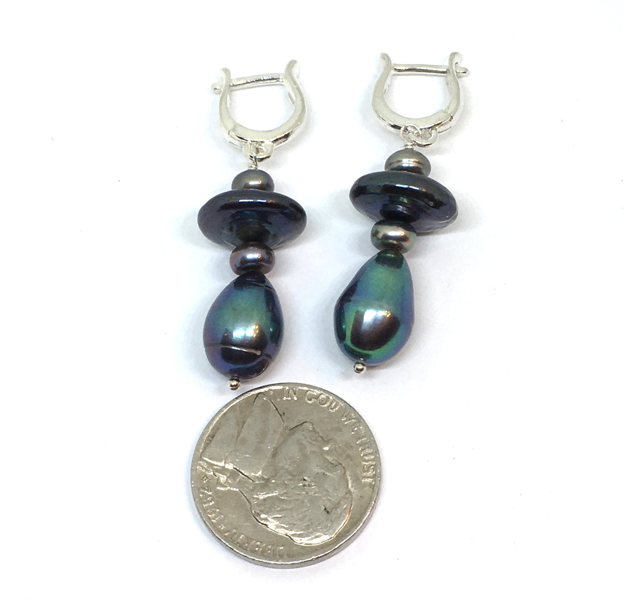 Peacock Pearl Dangle Omega Earrings in Sterling Silver