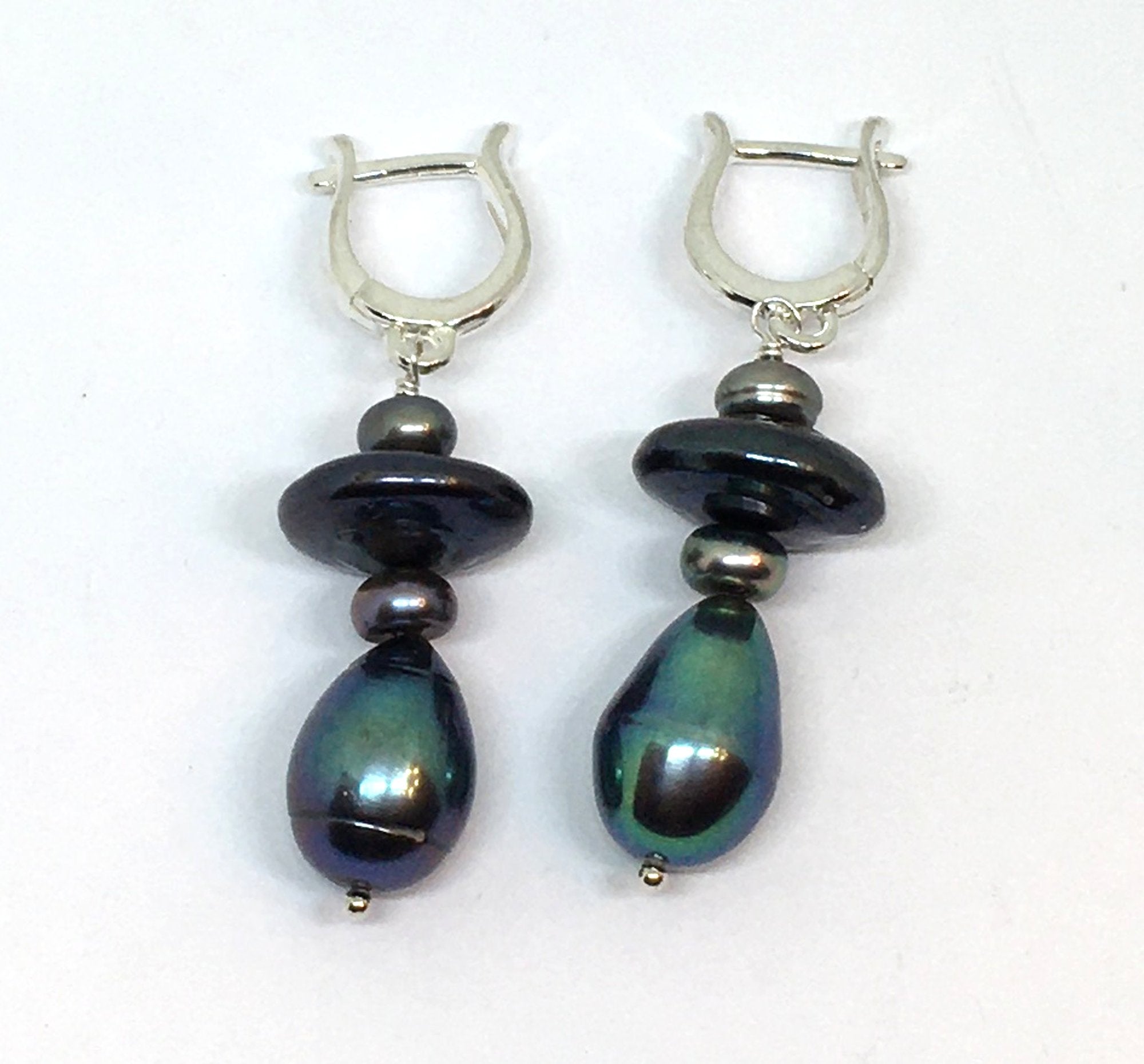 Mixed peacock pearl dangle earrings with omega earwires in sterling silver