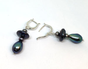 Peacock Pearl Dangle Omega Earrings in Sterling Silver