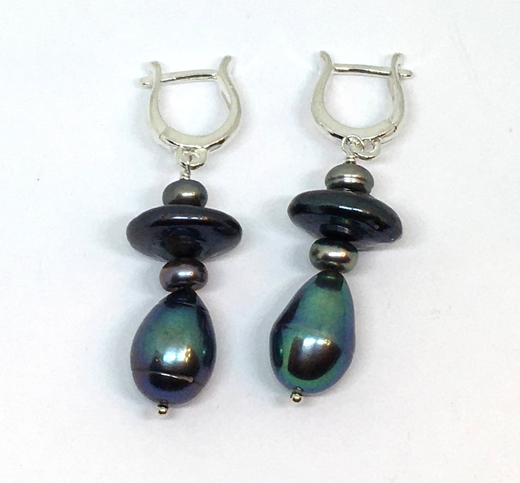 Mixed peacock pearl dangle earrings with omega earwires in sterling silver