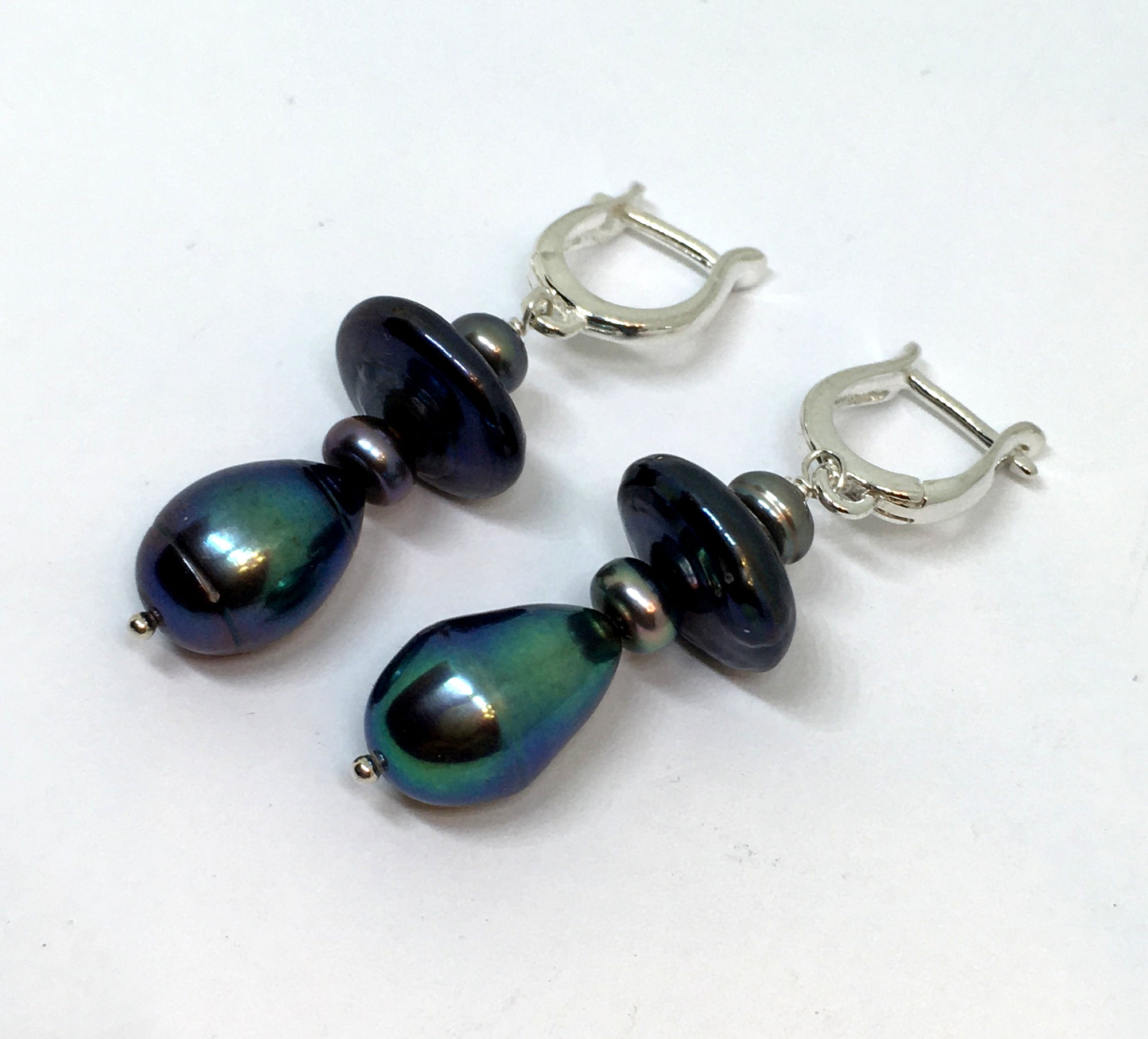 Peacock Pearl Dangle Omega Earrings in Sterling Silver