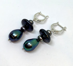 Peacock Pearl Dangle Omega Earrings in Sterling Silver