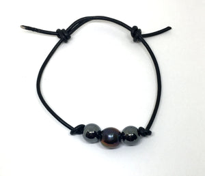 Peacock Pearl and Hematite Knotted Leather Bracelet for Men and Women