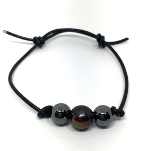 Peacock Pearl and Hematite Knotted Leather Bracelet for Men and Women