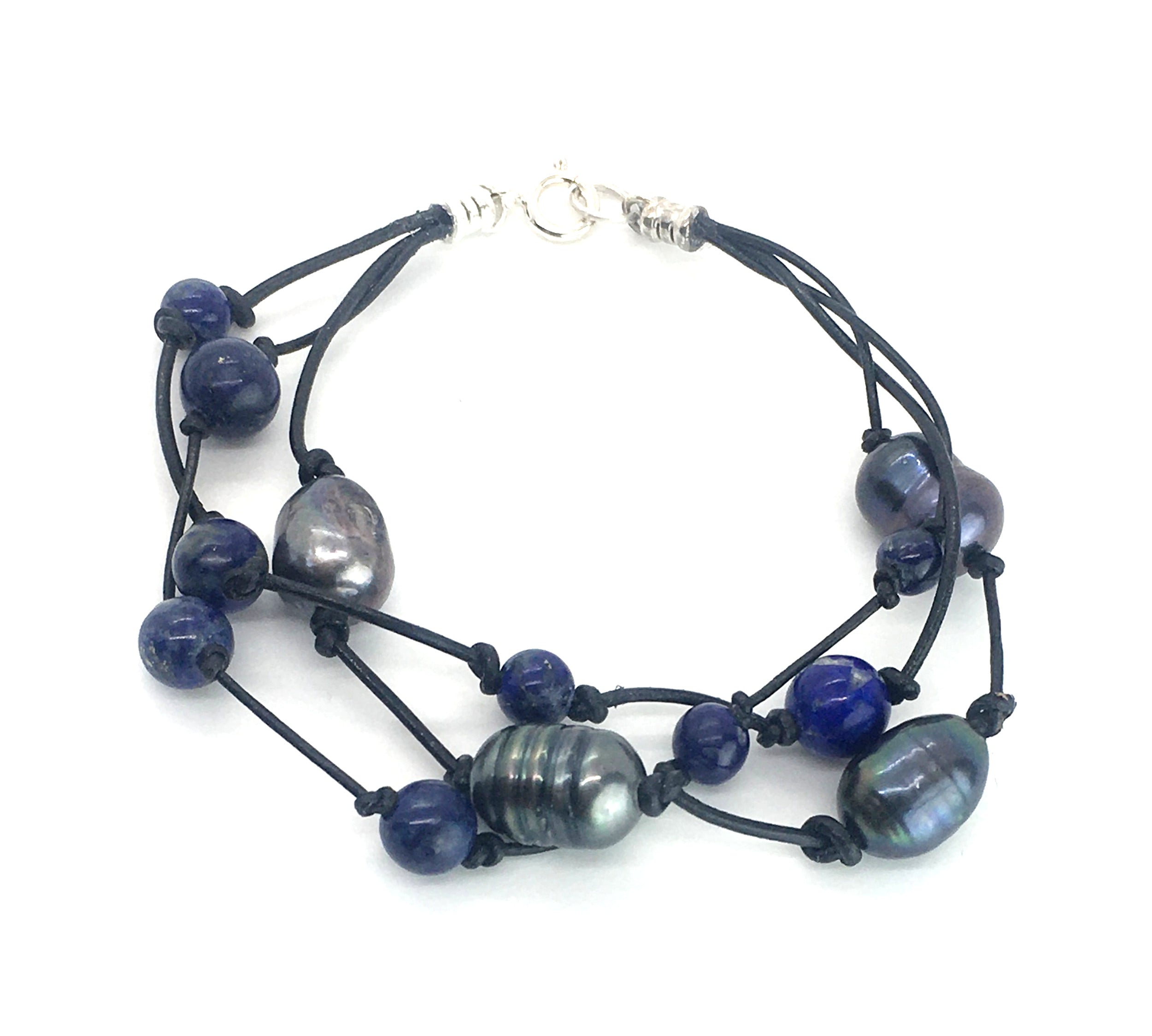 Triple Strand Peacock Freshwater Pearl and Lapis Lazuli Leather Bracelet