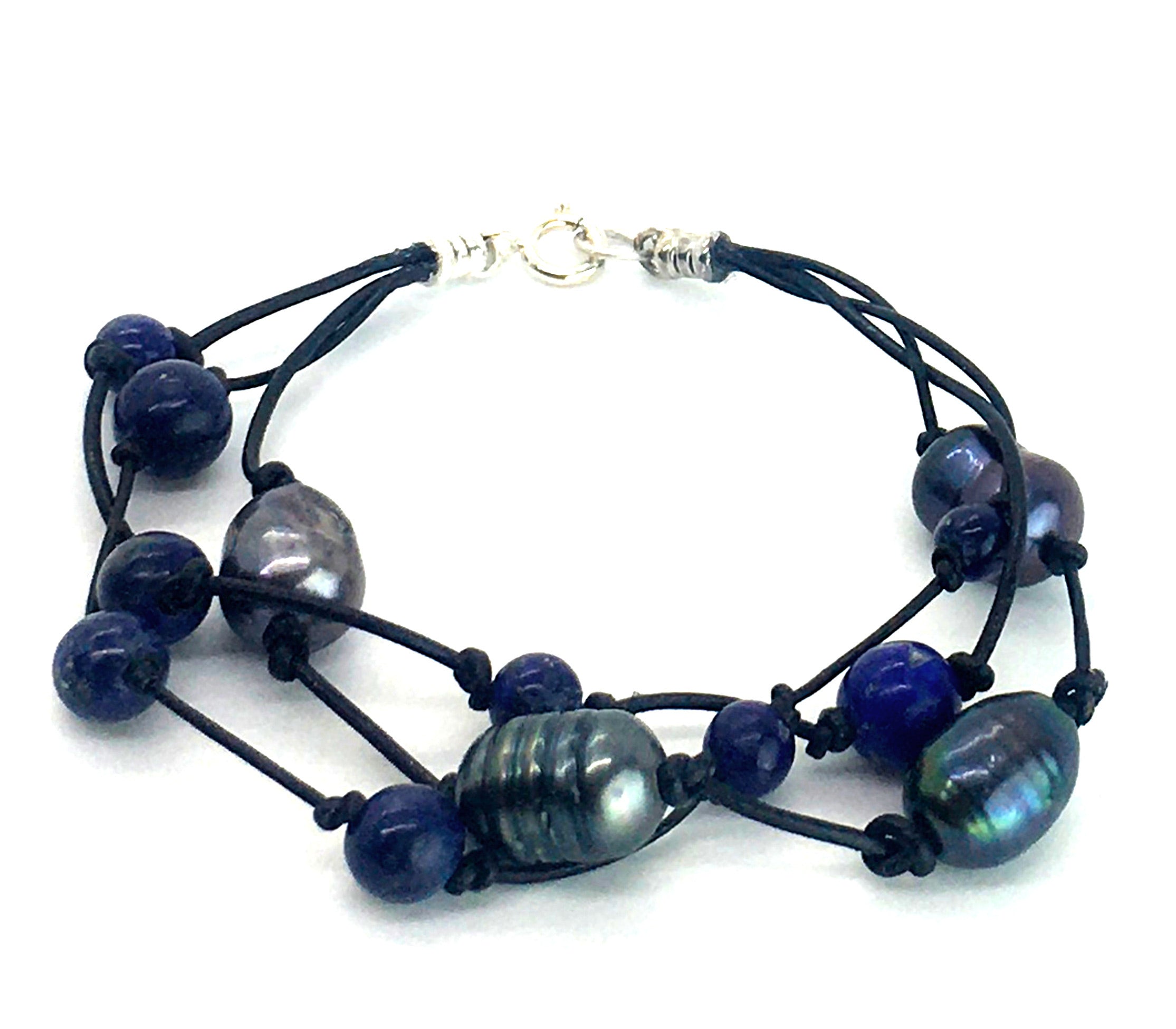 Triple Strand Peacock Freshwater Pearl and Lapis Lazuli Leather Bracelet