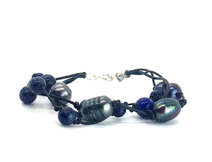 Triple Strand Peacock Freshwater Pearl and Lapis Lazuli Leather Bracelet