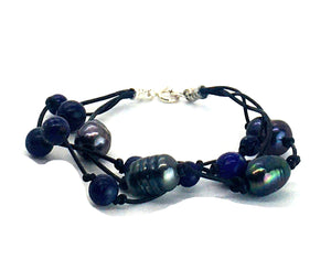 Triple Strand Peacock Freshwater Pearl and Lapis Lazuli Leather Bracelet