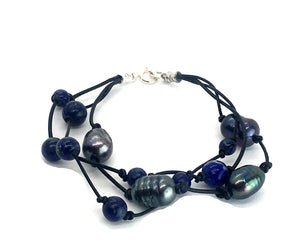 Triple Strand Peacock Freshwater Pearl and Lapis Lazuli Leather Bracelet