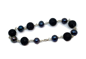 Black Peacock Pearl and Lava Sterling Silver Bracelet