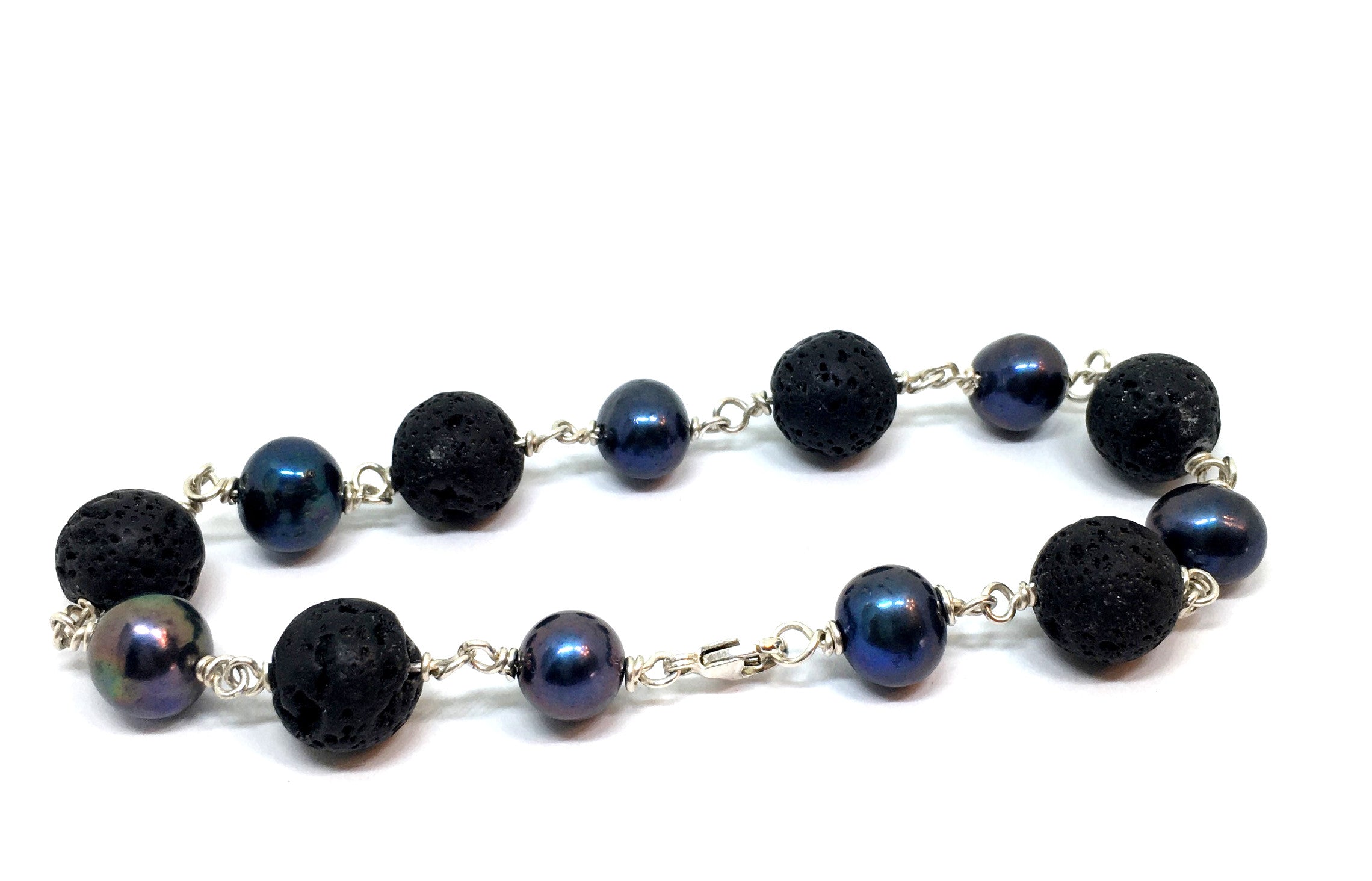 Black Peacock Pearl and Lava Sterling Silver Bracelet