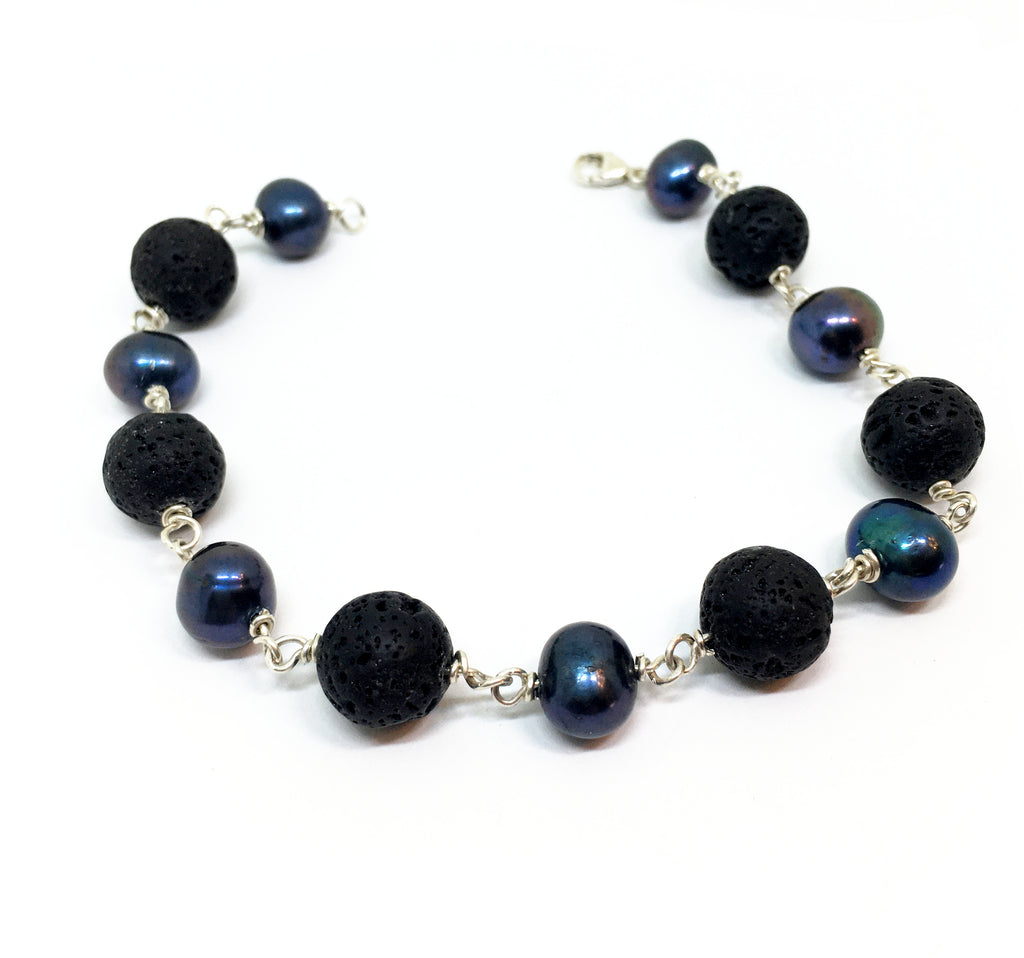 Black Peacock Pearl and Lava Sterling Silver Bracelet