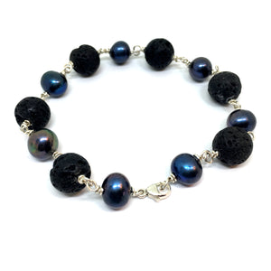 Black Peacock Pearl and Lava Sterling Silver Bracelet