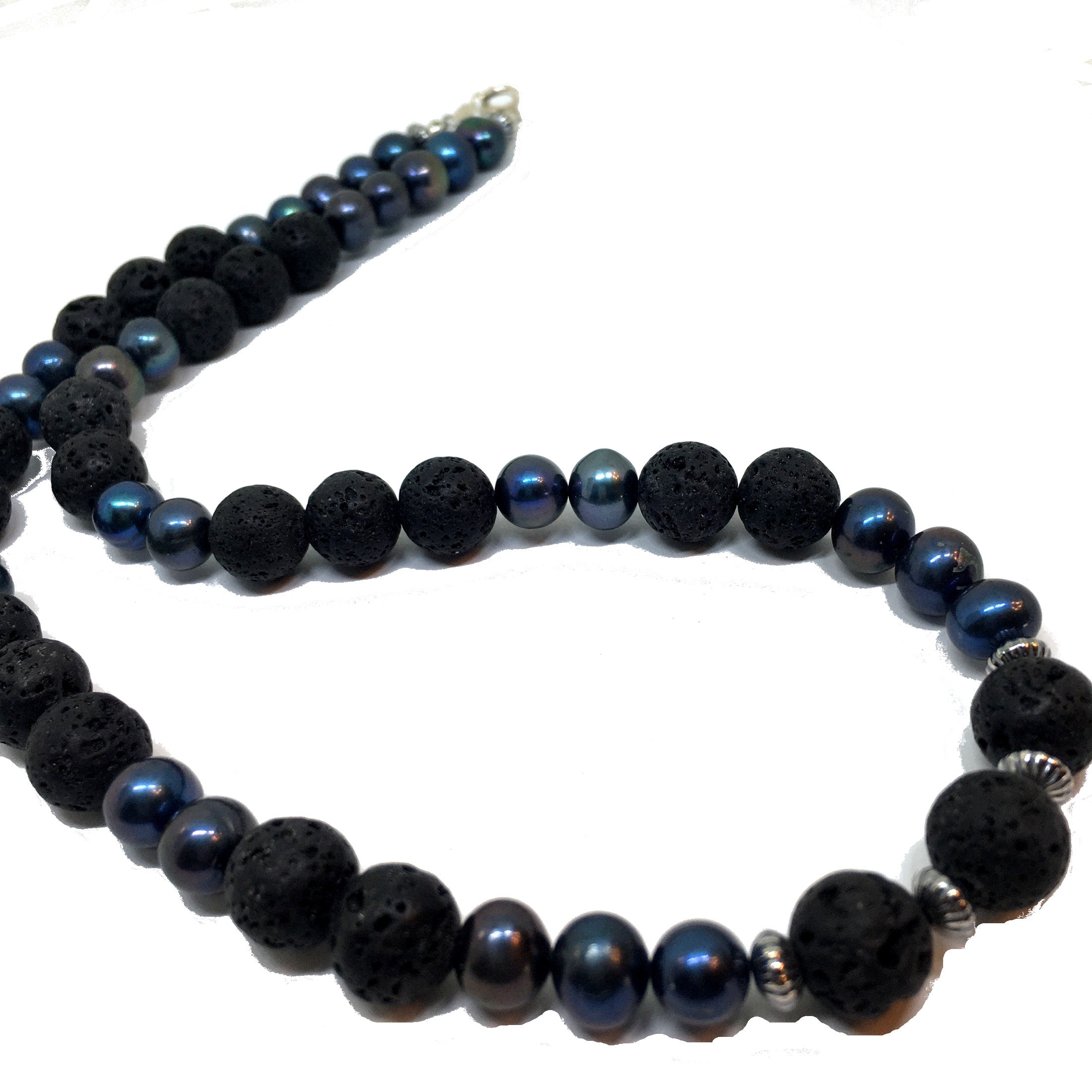 Black Peacock Pearl and Lava Beaded Necklace