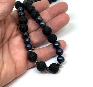 Black Peacock Pearl and Lava Beaded Necklace