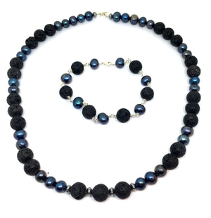 Black Peacock Pearl and Lava Beaded Necklace