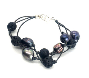 Triple Strand Peacock Freshwater Pearl and Lava Leather Bracelet