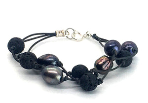 Triple Strand Peacock Freshwater Pearl and Lava Leather Bracelet