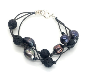 Triple Strand Peacock Freshwater Pearl and Lava Leather Bracelet