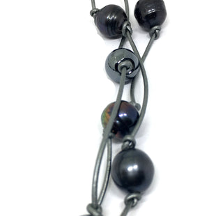 Baroque Peacock Black Pearl and Hematite Triple Strand Knotted Leather Necklace