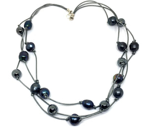 Baroque Peacock Black Pearl and Hematite Triple Strand Knotted Leather Necklace