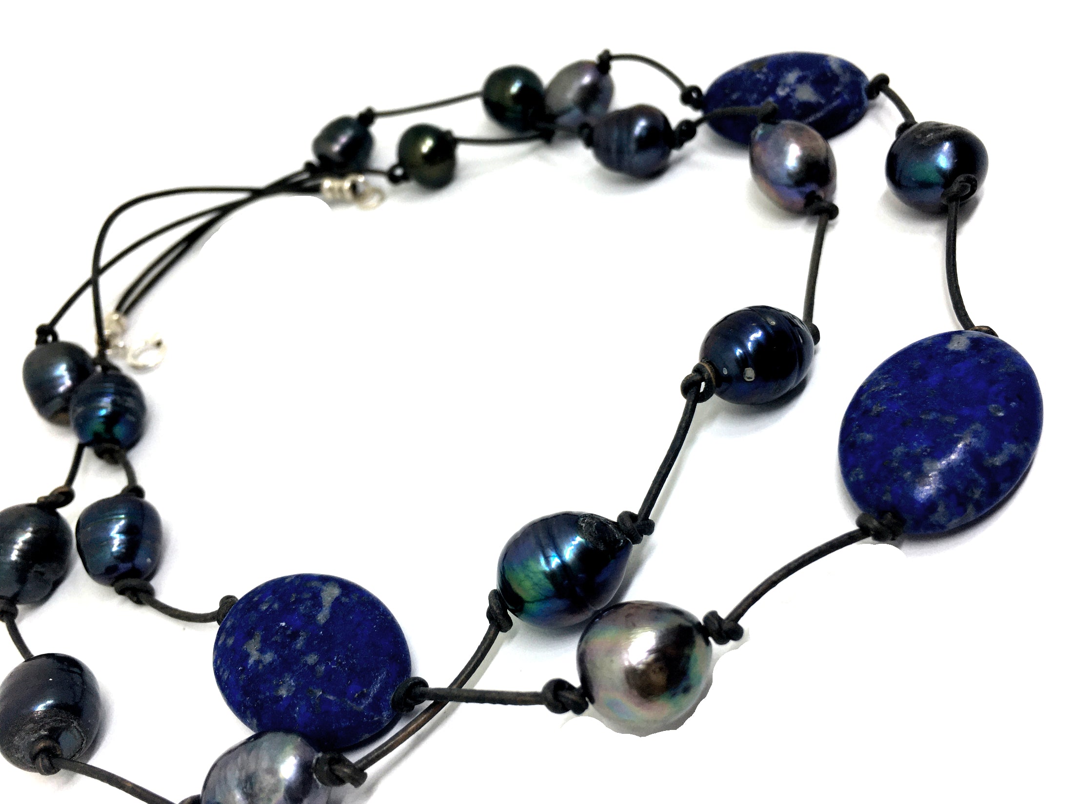 Lapis Lazuli and Baroque Peacock Pearl Knotted Leather Double Strand Necklace