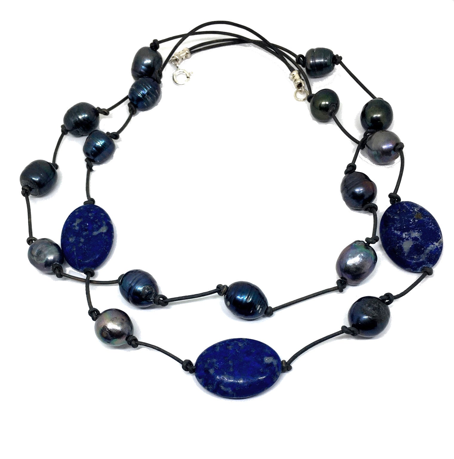Lapis Lazuli and Baroque Peacock Pearl Knotted Leather Double Strand Necklace