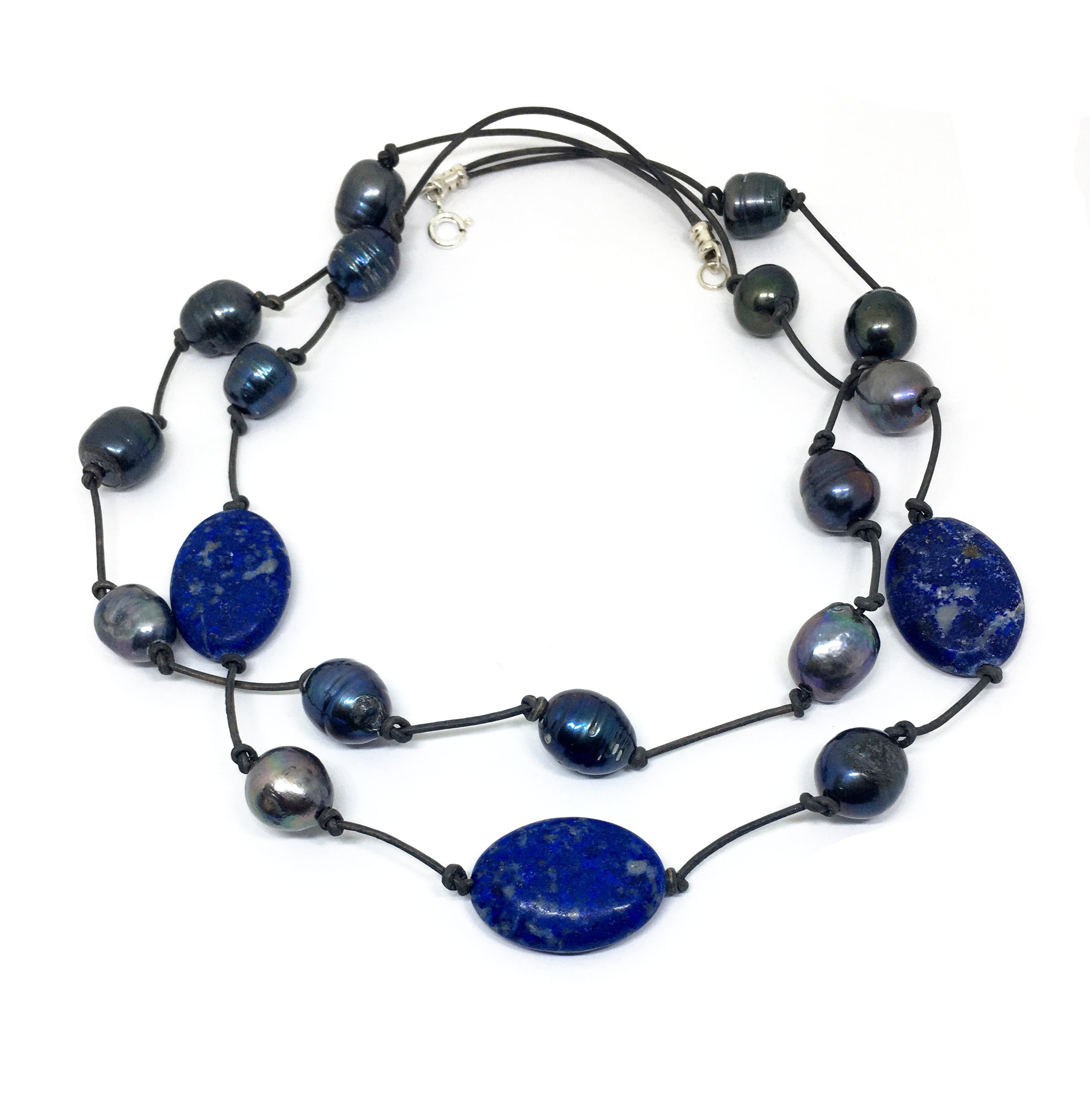 Lapis Lazuli and Baroque Peacock Pearl Knotted Leather Double Strand Necklace