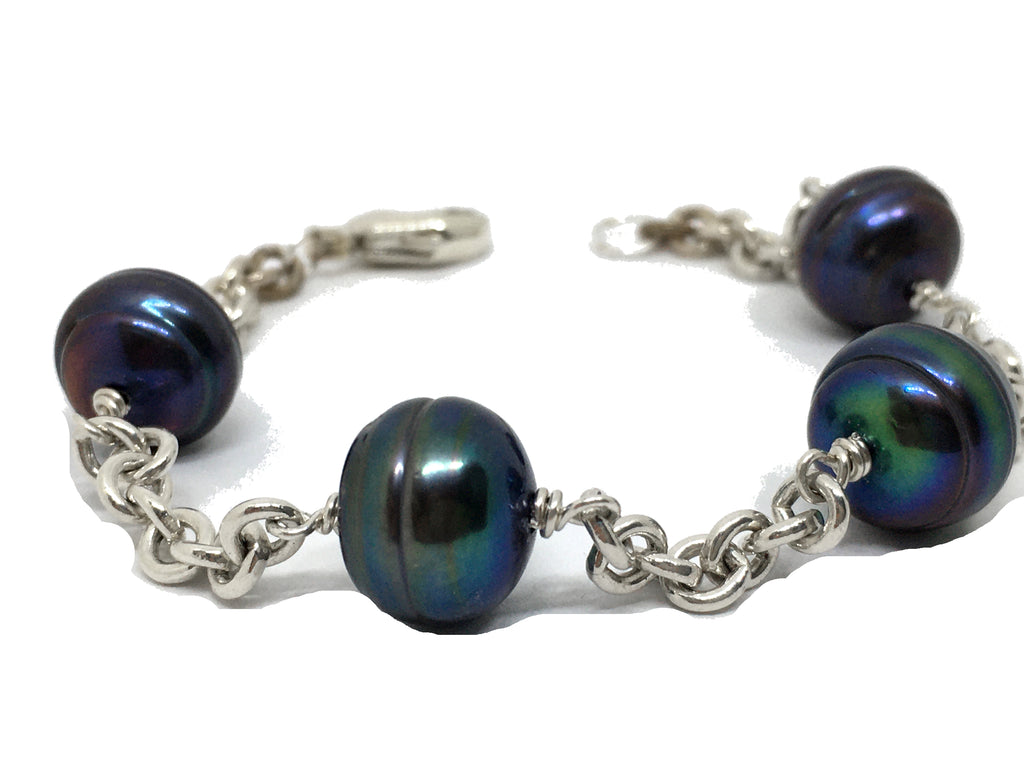 Baroque Peacock Pearl and Sterling Silver Station Bracelet