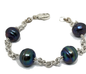 Baroque Peacock Pearl and Sterling Silver Station Bracelet