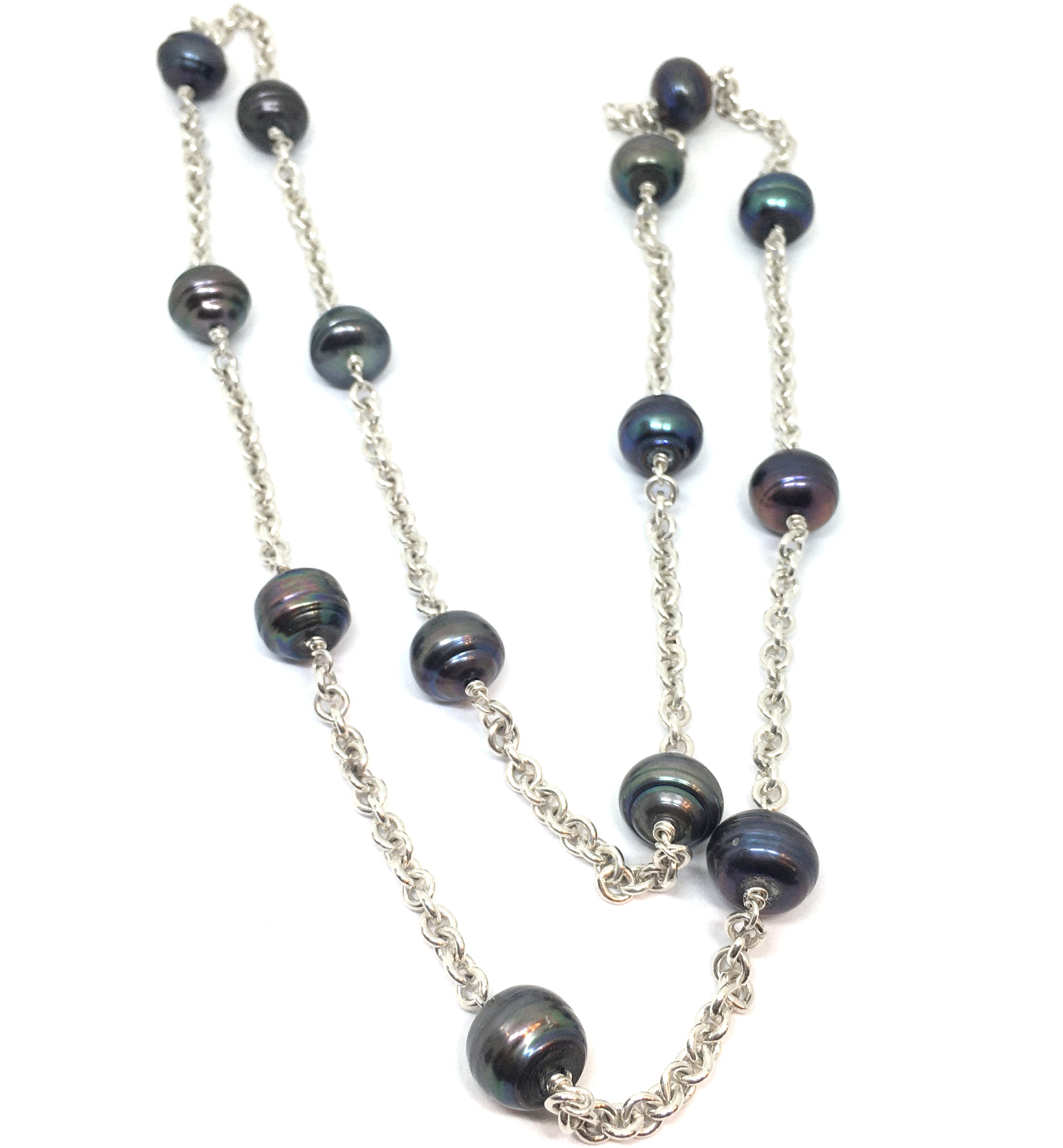 Baroque Peacock Pearl and Sterling Silver Long Station Chain Necklace