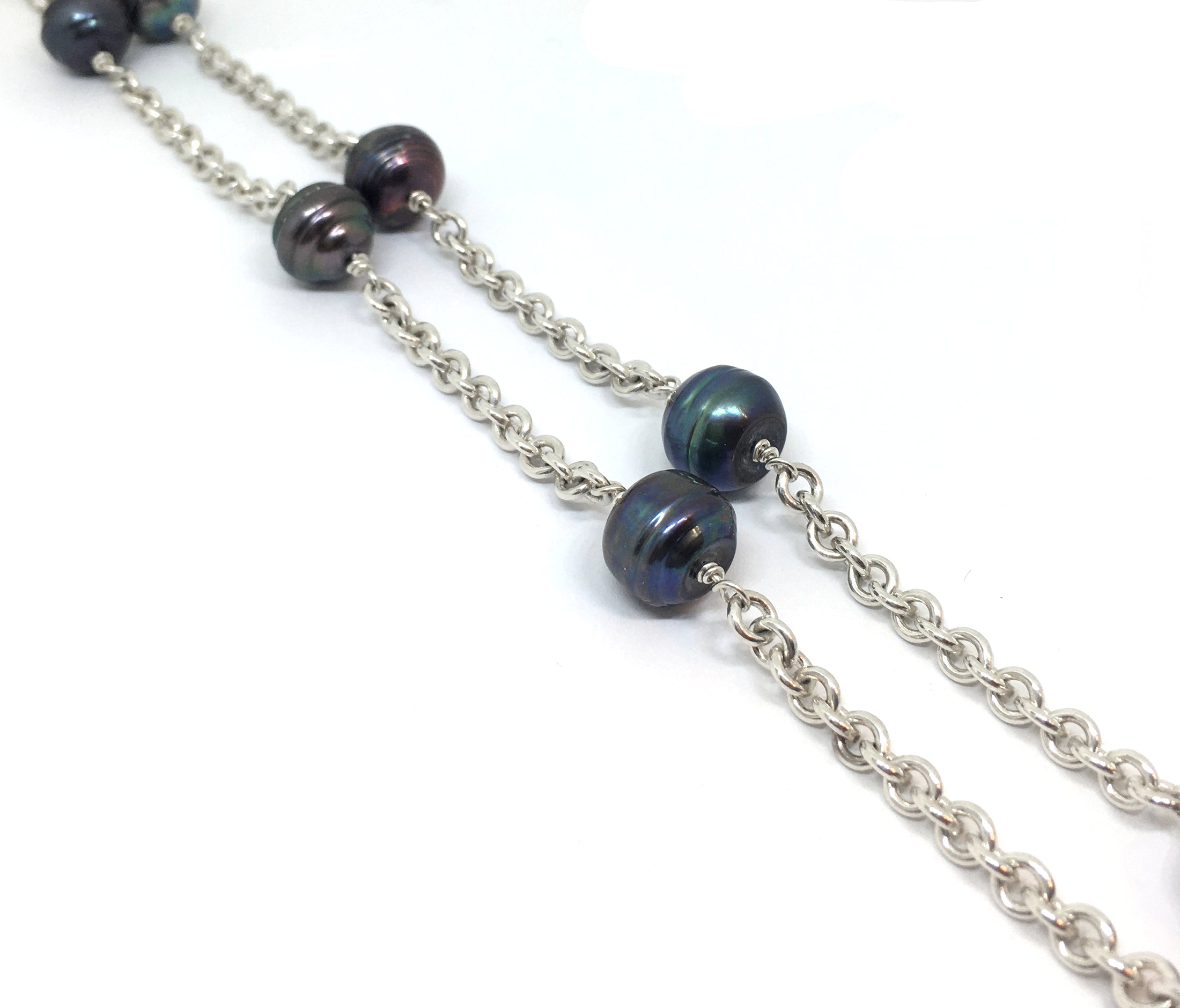 Baroque Peacock Pearl and Sterling Silver Long Station Chain Necklace