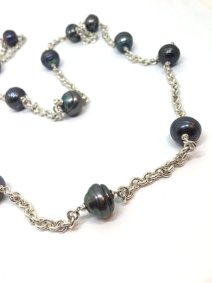 Baroque Peacock Pearl and Sterling Silver Long Station Chain Necklace