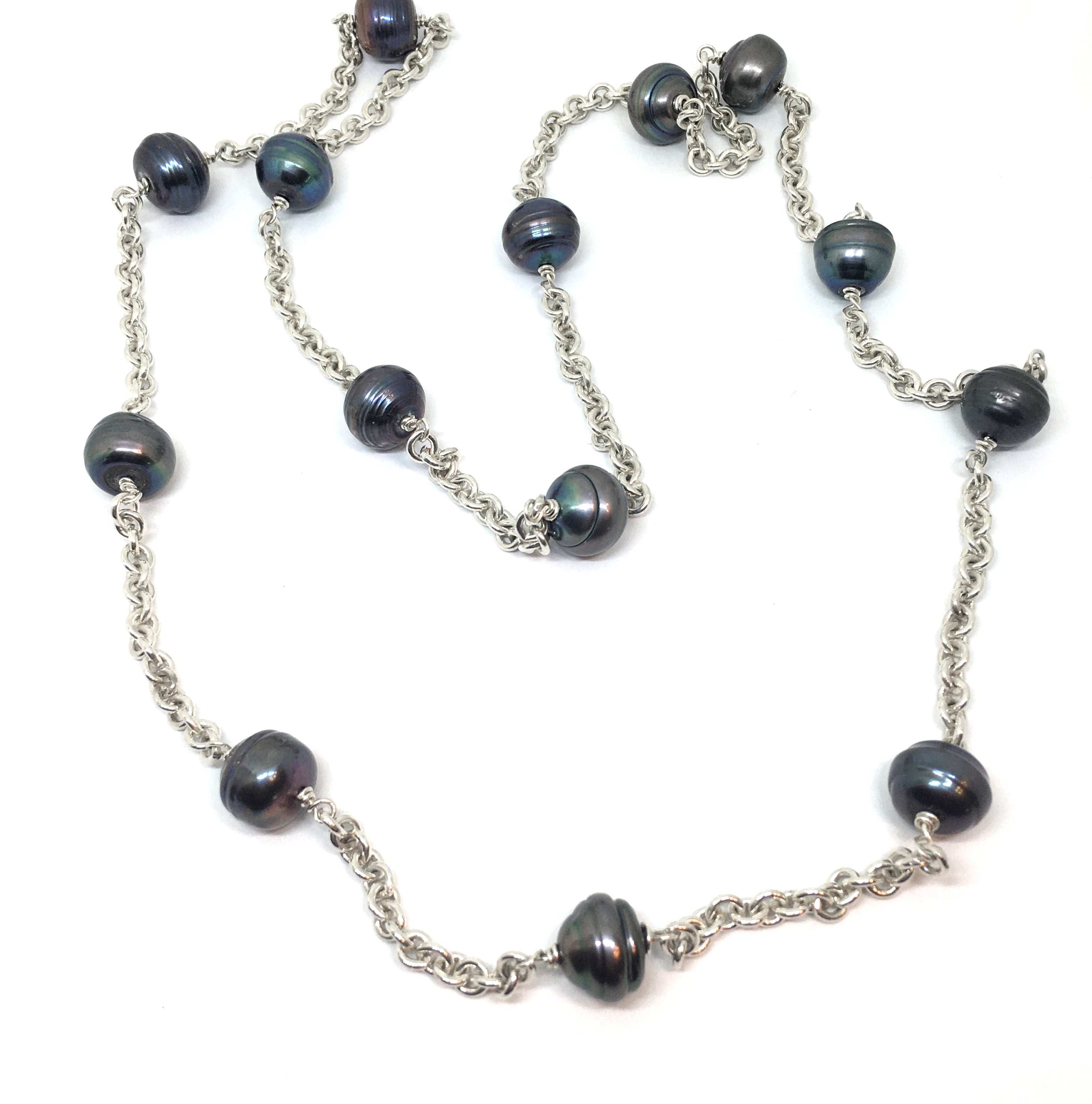 Baroque Peacock Pearl and Sterling Silver Long Station Chain Necklace