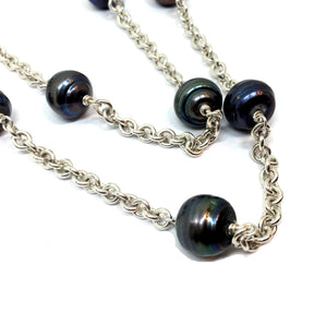 Baroque Peacock Pearl and Sterling Silver Long Station Chain Necklace