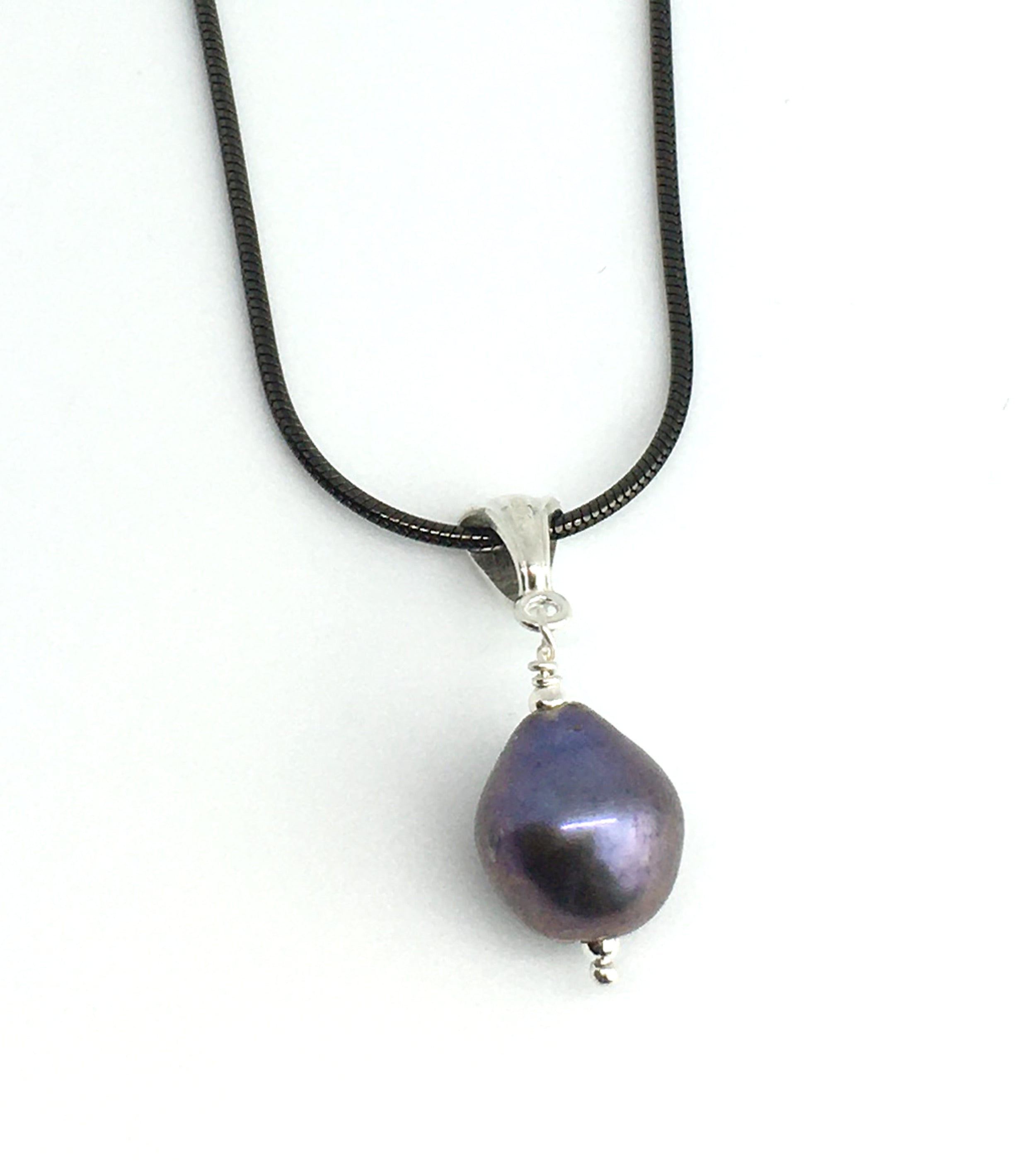 Peacock Pearl Pendant Necklace with Black Sterling Silver Snake Chain