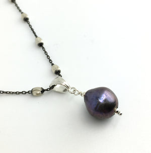 Single Pear Shaped Peacock Pearl Pendant on Black Silver Station Chain