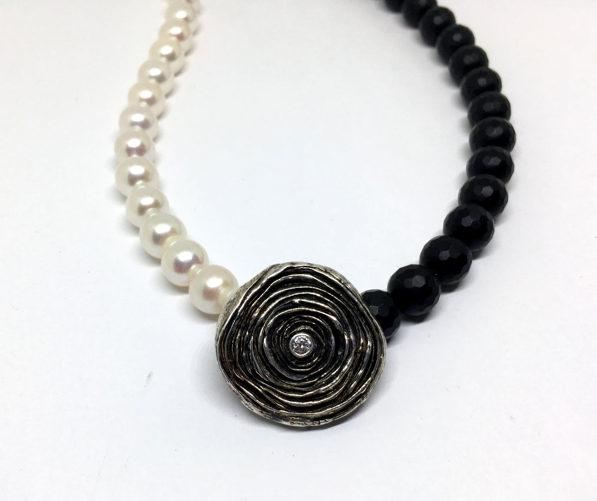 Onyx, Pearl and Diamond Statement Necklace - Asymmetrical Necklace with Mitsuro Hikime