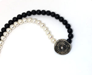 Onyx, Pearl and Diamond Statement Necklace - Asymmetrical Necklace with Mitsuro Hikime