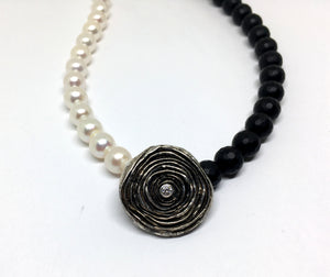 Onyx, Pearl and Diamond Statement Necklace - Asymmetrical Necklace with Mitsuro Hikime