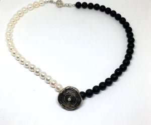 Onyx and Freshwater White pearl necklace with mitsuro hikime diamond pendant
