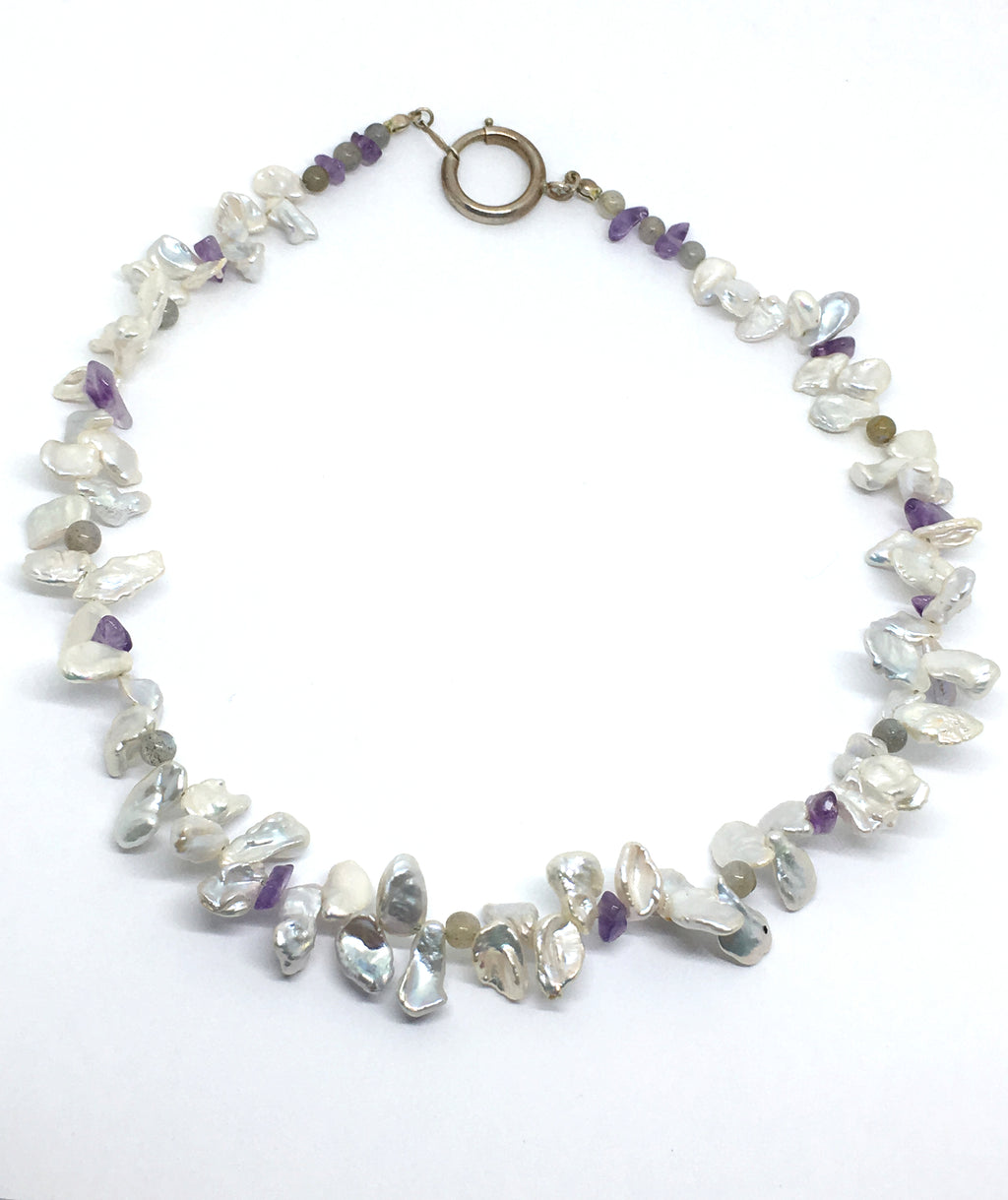 freshwater pearl petal necklace with labradorite and amethyst gemstones