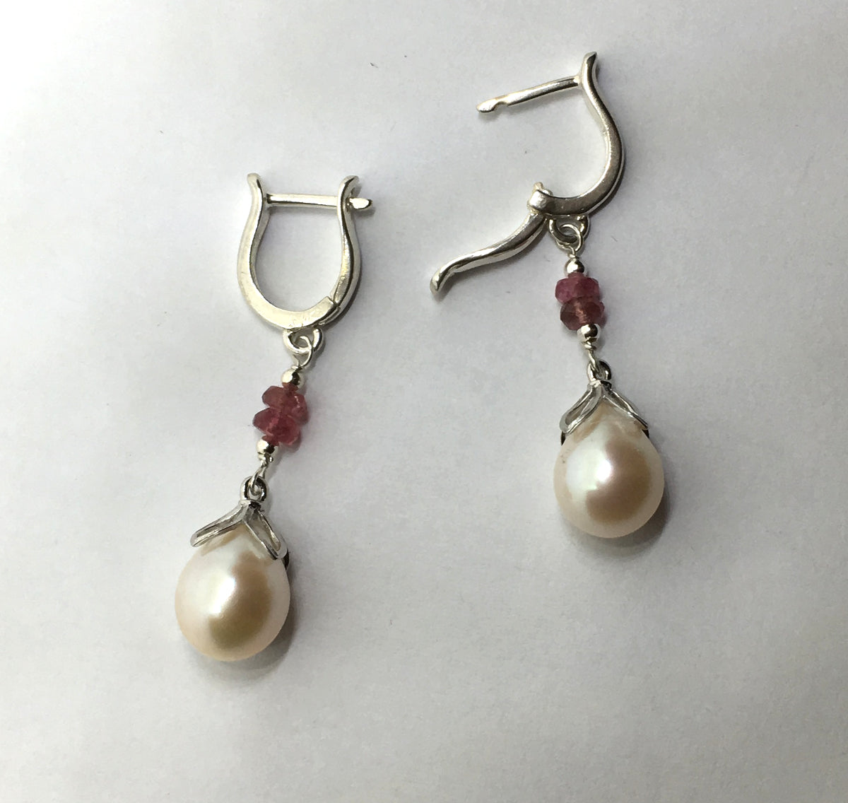 Natural Cultured Pearl and Pink Tourmaline Earrings in Sterling Silver *SOLD*