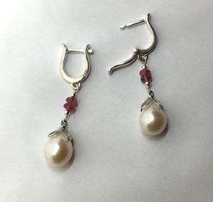 Natural Cultured Pearl and Pink Tourmaline Earrings in Sterling Silver *SOLD*