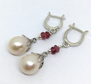 natural freshwater white pearl earrings with pink tourmaline and omega style earwires